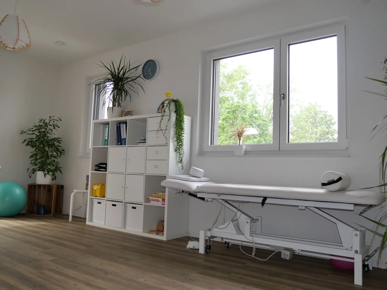 Behandlungsraum mit Ordnerregal, Zimmerpflanzen und Liege am Fenster